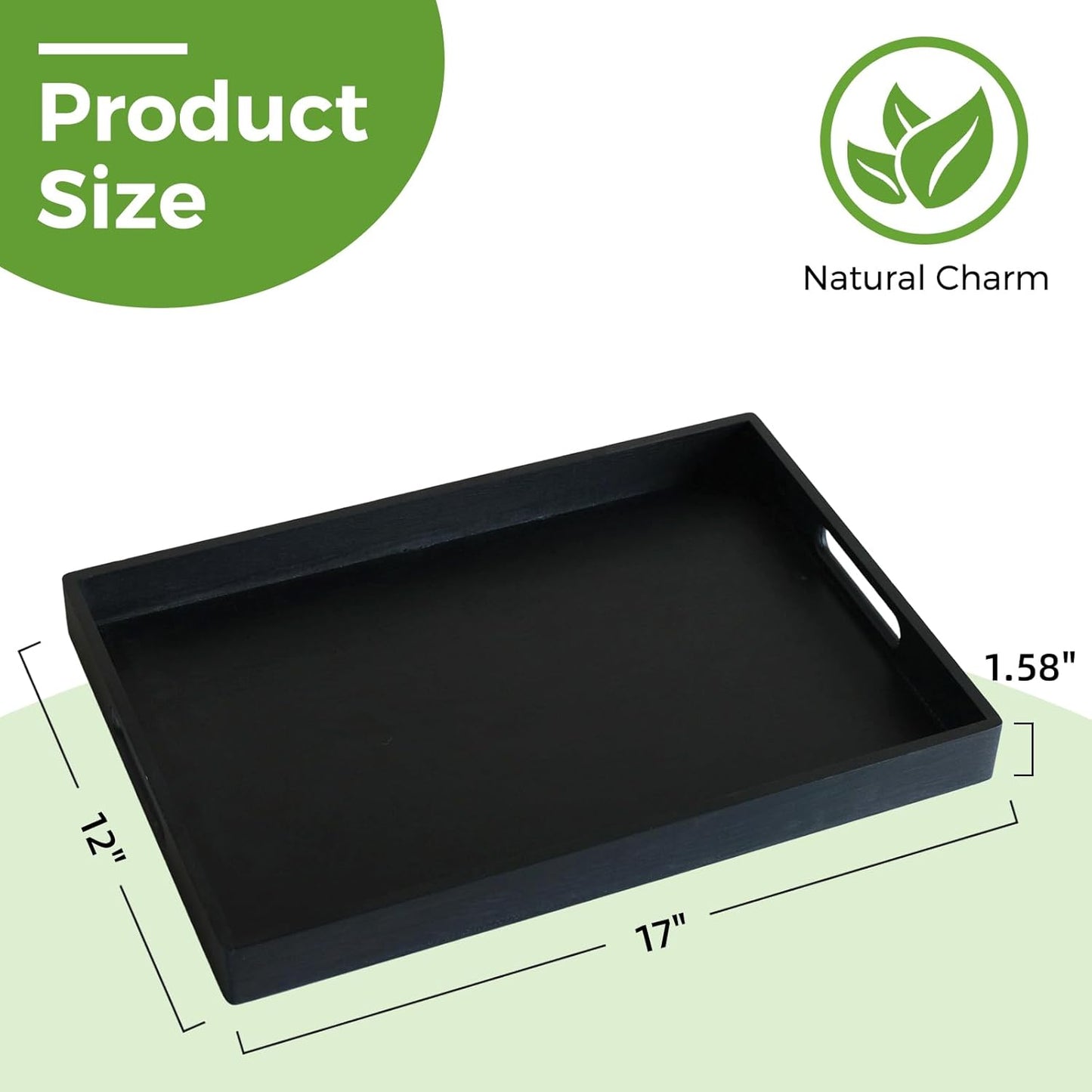 S310 Black Wood Serving Tray with Handles, 17 Inch Wooden Tray for Ottoman, Breakfast, Lunch, Dinner, Decorative Rectangular Tray for Living Room, Kitchen Counter, Outdoor