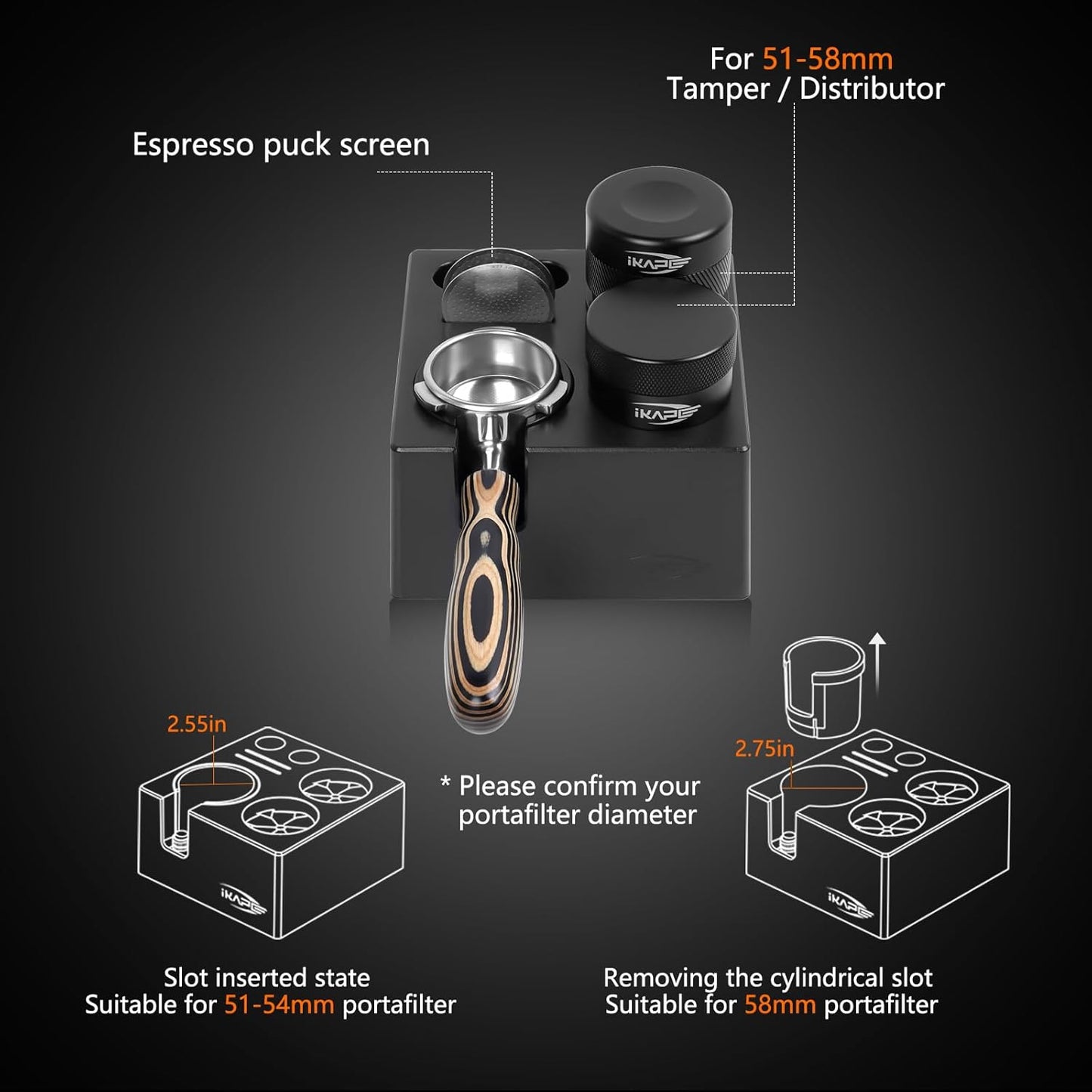 IKAPE ABS Espresso Knock Box, 7 in 1 Coffee Organizer Box Fit for Storage 51, 54, 58MM Espresso Tamper, Distributor, Portafilter & Puck Screen Accessories(Black)