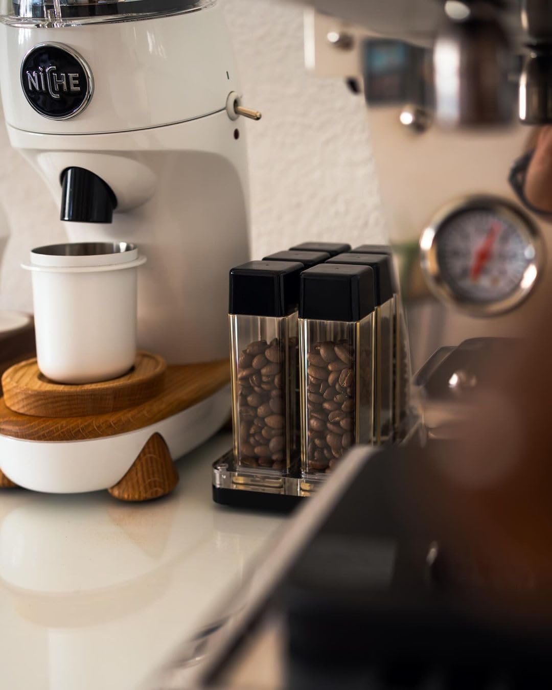 Normcore 6 Tubes Coffee Bean Cellars with Stand & Hopper - Single Dose Coffee Bean Vaults - Espresso Bean Storage Set - One-Way Exhaust Valve - Capacity 25-28g