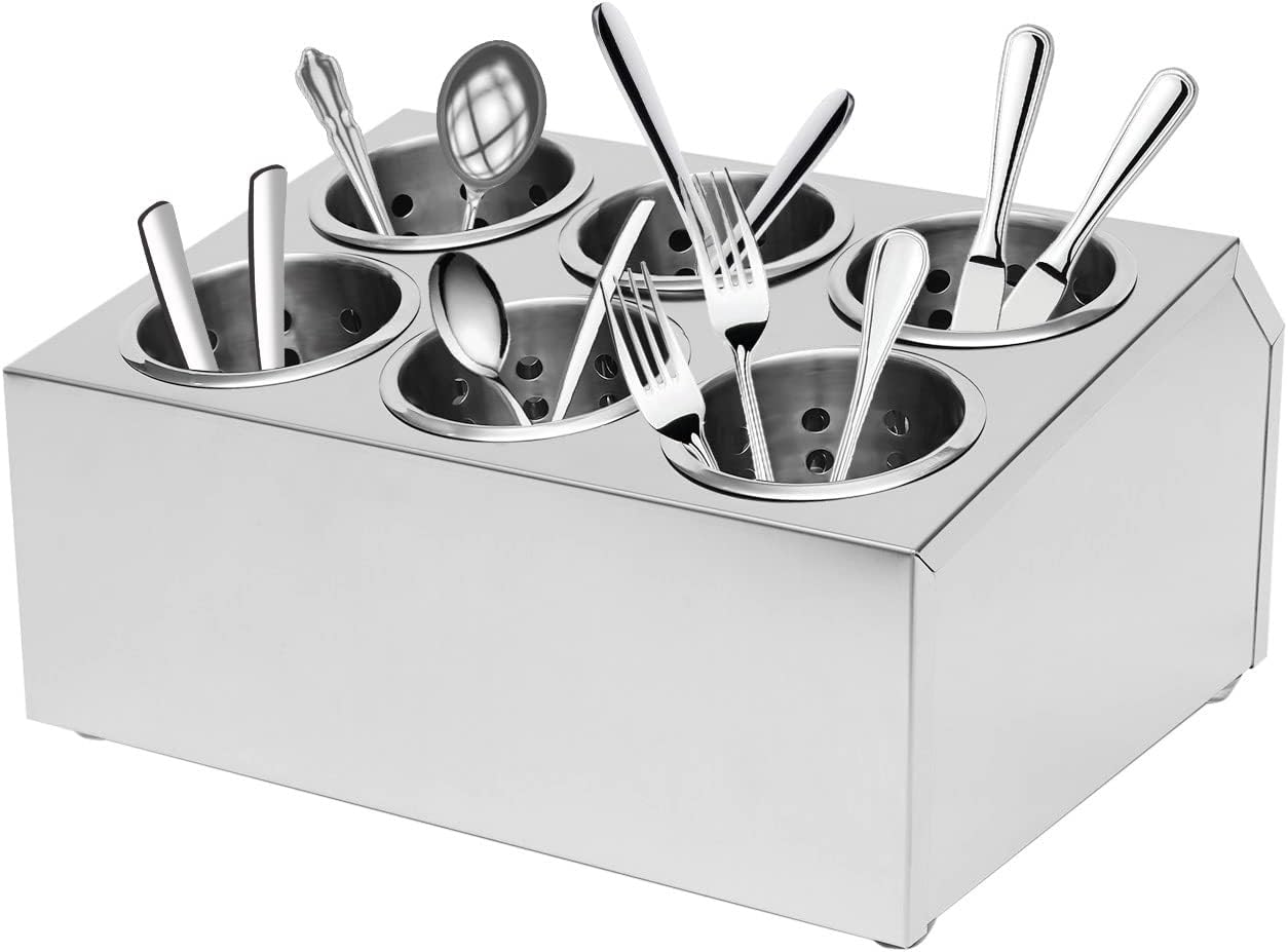 Stainless Steel Flatware Utensil Holder, Commercial 6-Hole Cylinder Silverware Organizer for Countertop Restaurant