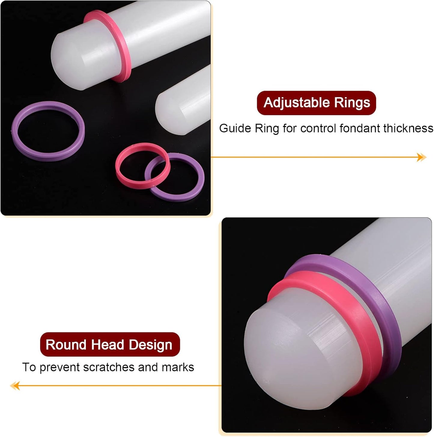 HARFINGTON 2pcs Fondant Rolling Pin 18 Inch x 0.98 Inch Adjustable Guide Rings Non-Stick PP Plastic Fondant Roller Dough Roller Kitchen Decorating Tools for Cookie Pastry Pizza Clay