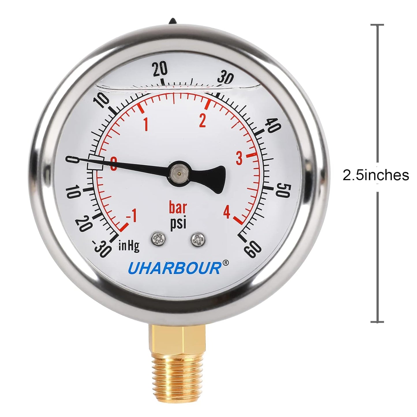 Glycerin Filled Pressure Gauge with 304 Stainless Steel Case, 2.5" Dial Size, 30InHg/60psi, High Accuracy, 1/4" NPT Center Lower Mount…