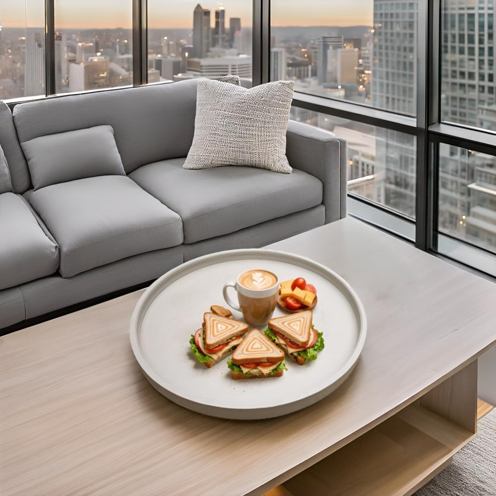 20 * 20 inches High-end Luxury Leather Round Oversized Service Tray, Ottoman & Coffee Tray for Family Dinner, Out-of-House Picnic, Party Essential (20 inch Beige)