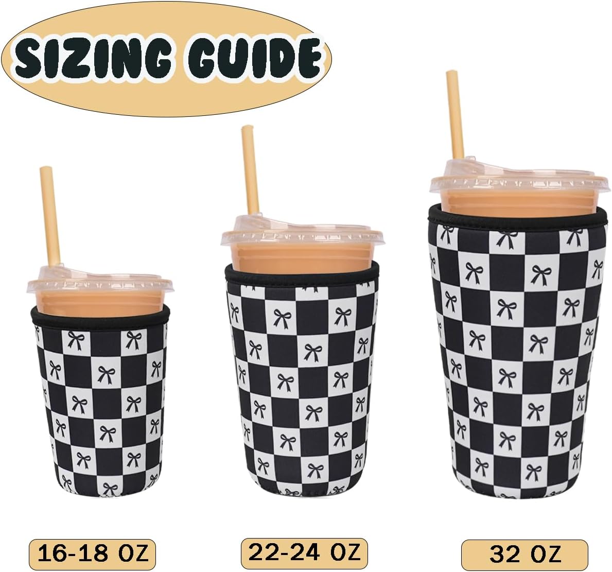 Reusable Insulated Neoprene Iced Coffee Cup Sleeve, Durable Drink Sleeve for Cold Beverages, Beverage Holder for Iced Coffee, Black Checkered Bows