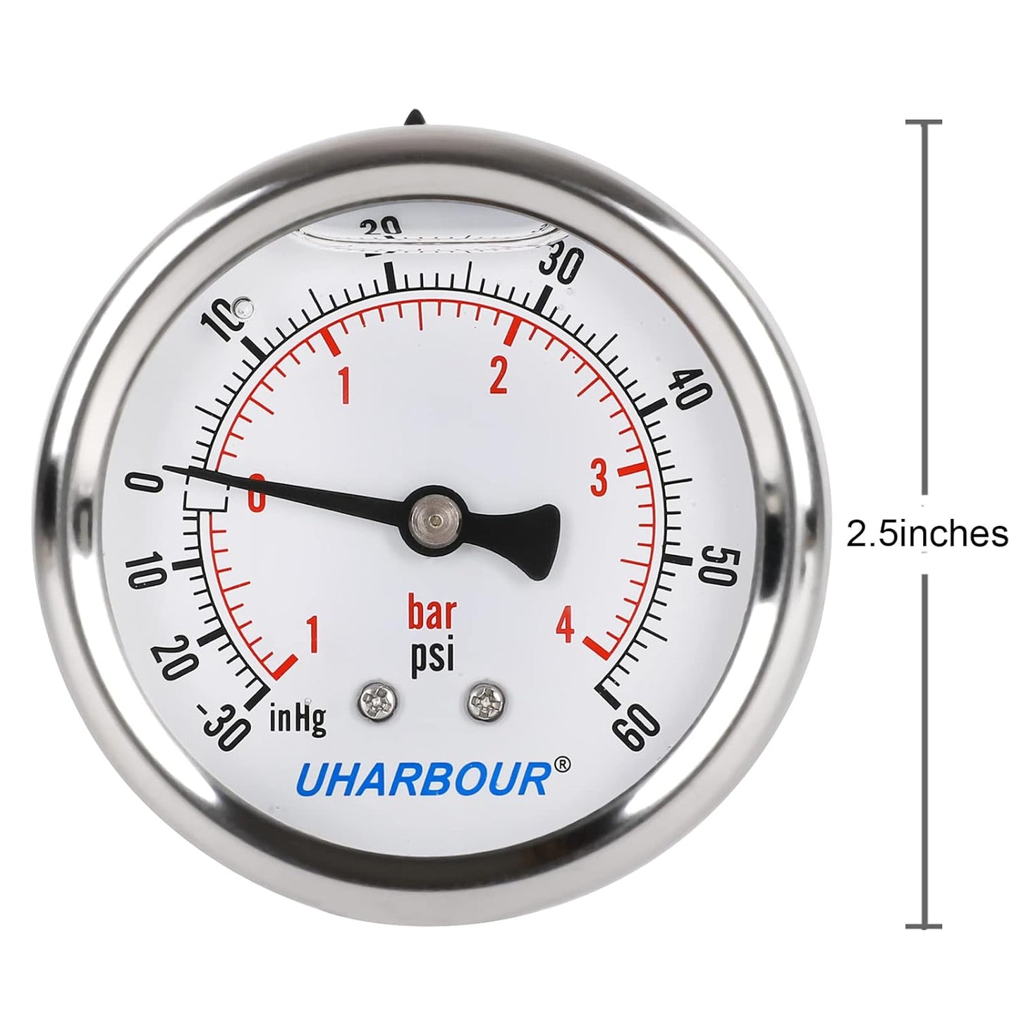 Glycerin Filled Vacuum Pressure Gauge, 2-1/2" Clear dial,1/4" NPT Back Connection, Stainless Steel Case, Brass Movement, Dual Scales -30HG/60PSI……