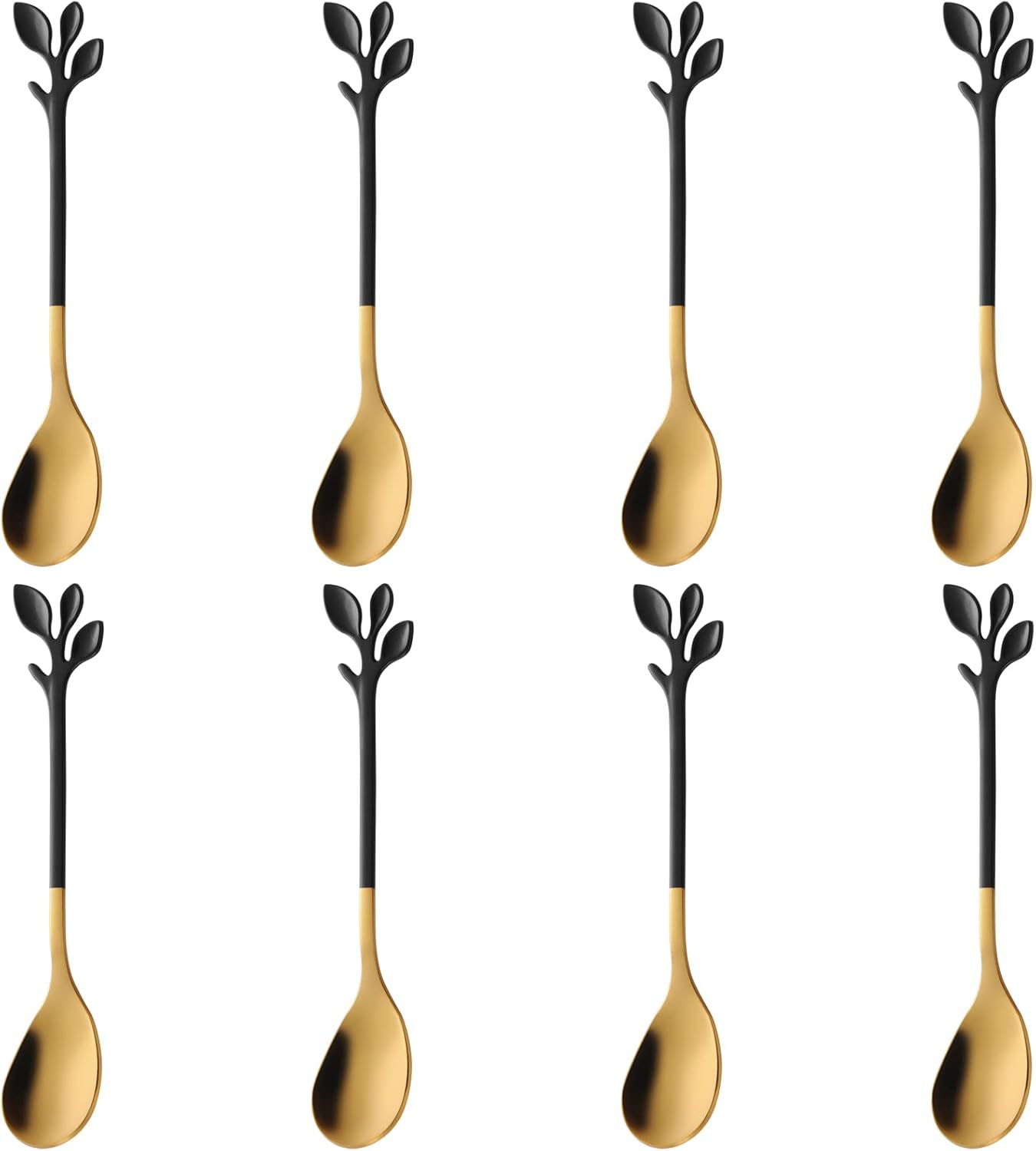 AnSaw 8-Pack Elegant Black & Gold Leaf 4.7" Espresso Spoons - Stainless Steel, Perfect for Coffee, Demitasse, Dessert & Tea, Mini Size for Small Servings