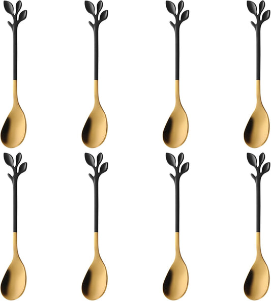 AnSaw 8-Pack Elegant Black & Gold Leaf 4.7" Espresso Spoons - Stainless Steel, Perfect for Coffee, Demitasse, Dessert & Tea, Mini Size for Small Servings