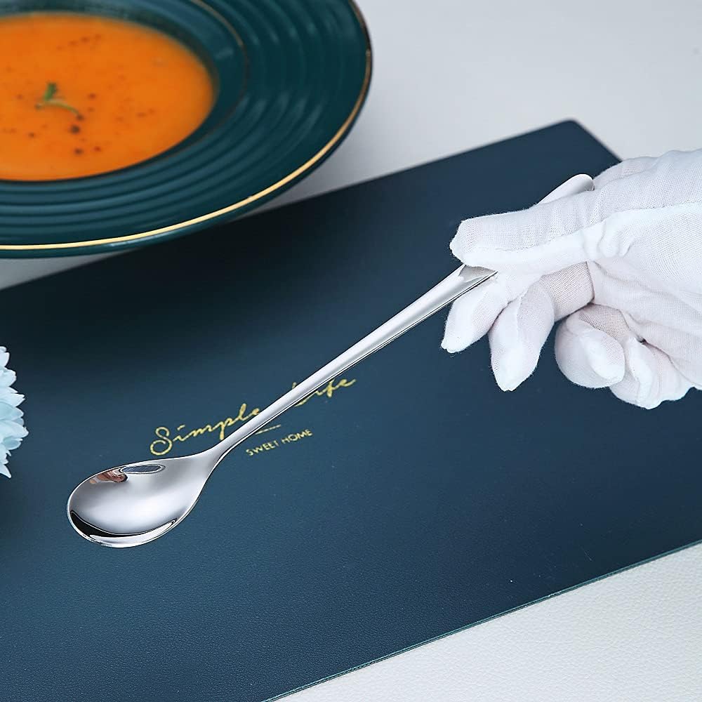 Premium Stainless Steel Coffee Stirrer Set, Long Handle, Ice Tea & Cream Spoons, Cocktail Stirrer - Set of 6 (Silver)