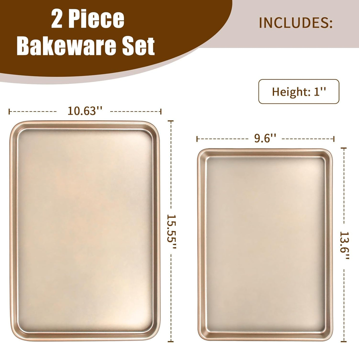 Baking Sheet Pan Set of 2, Commercial Cookie Sheets for Baking, Nonstick Carbon Steel Baking Tray Quarter Sheet Jelly Roll Pan, 9x13in, 10x15in, Heavy Duty & Easy Clean