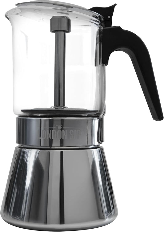 London Sip Glass and Stainless Steel Stovetop Espresso Maker Moka Pot Italian Coffee Percolator, Glass, Small (5.07 oz)