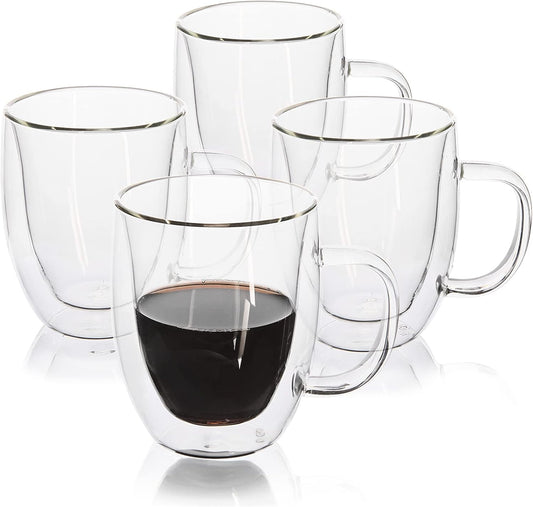 G Double Wall Coffee Mug Set of 4 With Handle, 12.4 oz Insulated Glassware Espresso Cups For Iced/Hot Tea Latte Beverages Large Cappuccino Borosilicate Drinking Glasses Tea Cup