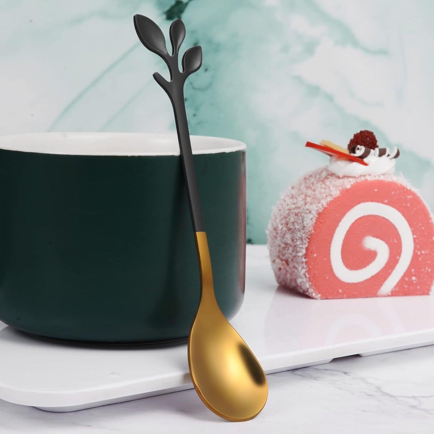 AnSaw 8-Pack Elegant Black & Gold Leaf 4.7" Espresso Spoons - Stainless Steel, Perfect for Coffee, Demitasse, Dessert & Tea, Mini Size for Small Servings