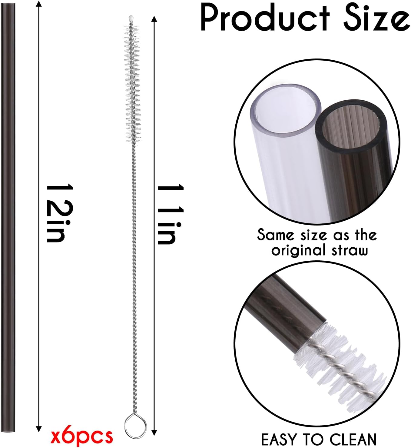 AIERSA 12Inch Replacement Black Straw for Stanley 40/30oz Cups,Plastic Reusable Straw for Stanley Quencher FlowState Tumbler, Long Drinking Straws with Cleaning Brush for Stanley Cup Accessories