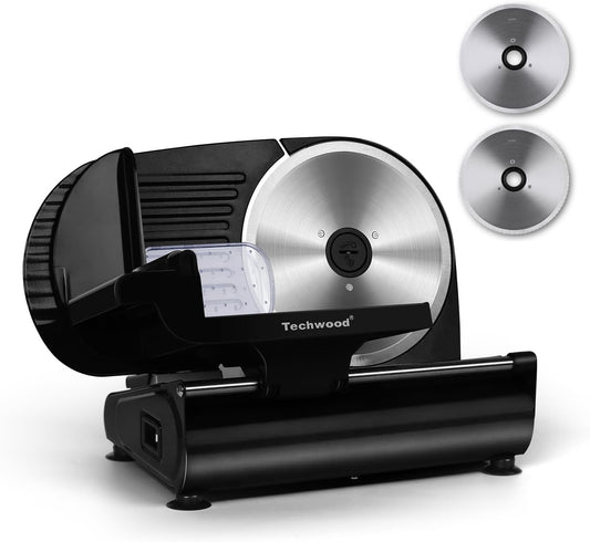 Meat Slicer, Techwood 200W Electric Food Slicer with Removable 9” Stainless Steel Blade, Deli Fruit Vegetable Cutter with Adjustable Knob for Thickness, Food Carriage & Non-Slip Feet, Double Blade