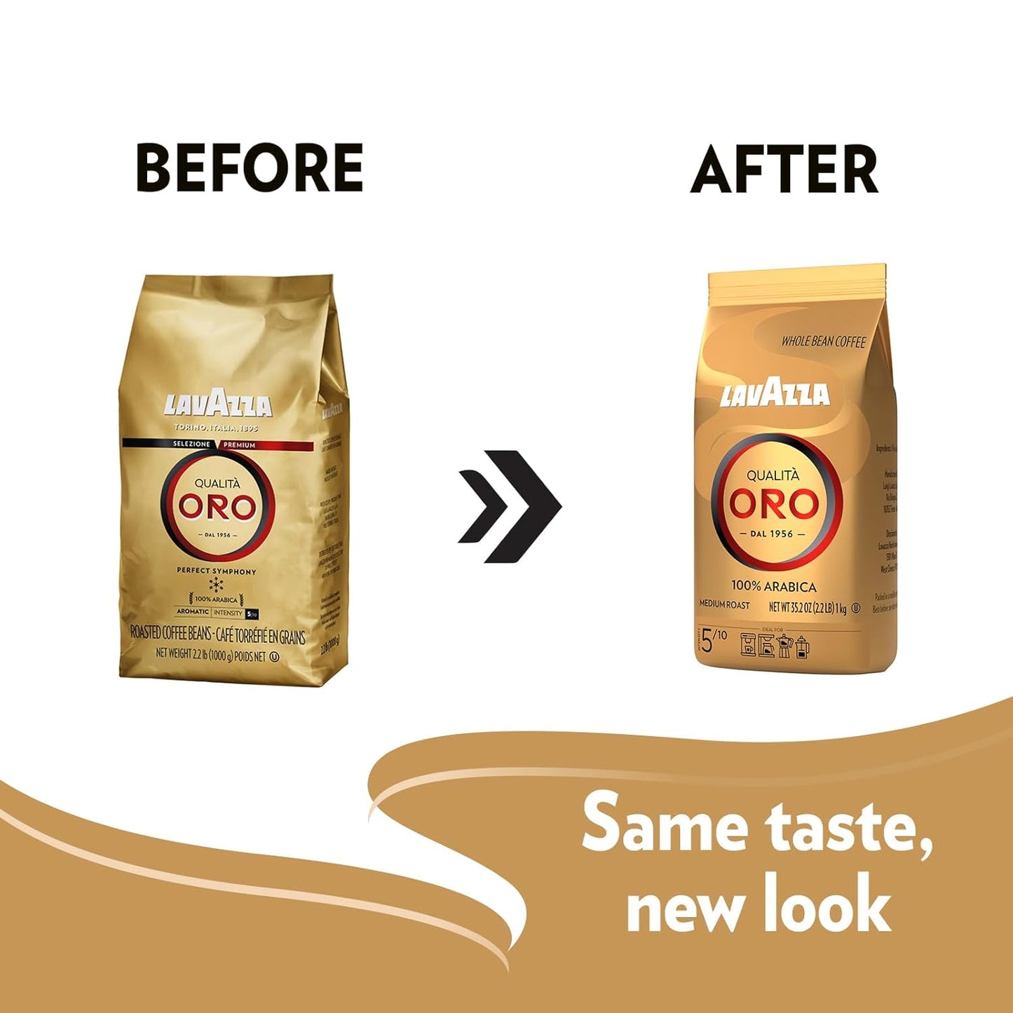 Lavazza Qualità Oro Whole Bean Coffee, Medium Roast, 100% Arabica, 2.2 lb Bag (Pack of 6)