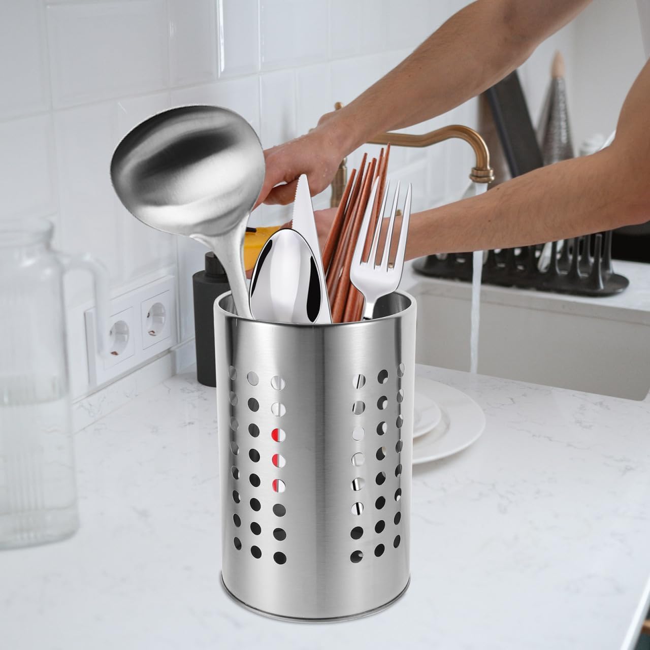 Stainless Steel Kitchen Utensil Holder Flatware Cylinder Silverware Draining Organizer Drying Rack with Round Drain Holes for Forks, Knives, Spoons, Chopsticks