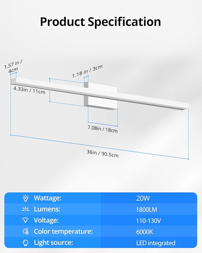 Combuh LED Vanity Lights Bar 36 Inch, 20W Bathroom Light Fixtures Over Mirror - Image 7