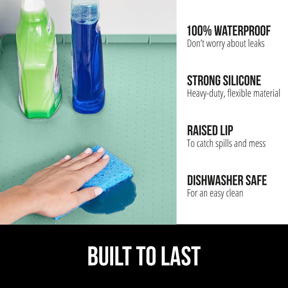 GORILLA GRIP Waterproof Silicone Under Sink Mat with Raised Lip for Kitchen and Bathroom, 28 x 22 in, Cabinet Shelf Liner Stay in Place Mats Dishwasher Safe Drawer Liner, Organizer Tray, Mint