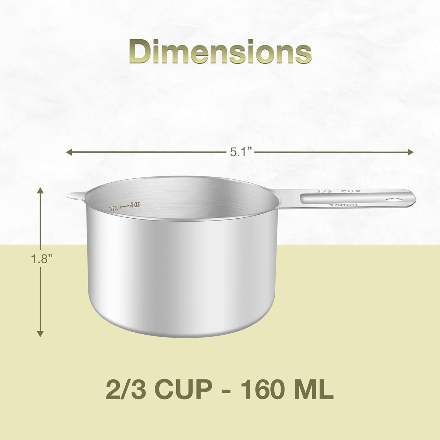 1PCS 2/3Cup (160ml, 5.3oz) Single Measuring Cup, Etched Inner Scale Stainless Steel Measure Scoop, Metric and US Measurement, Dishwasher Safe