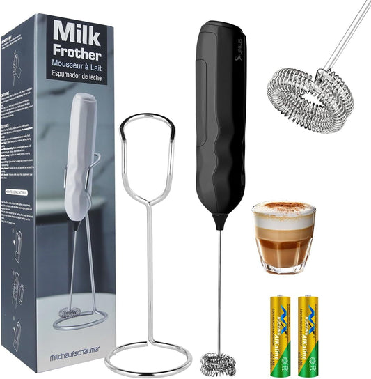 SUPRUS Ultra Fast Handheld Milk Frother Double Whisk with Stand 2 Batteries Stainless Steel for Lattes Cappuccino Matcha Hot Chocolate Coffee Bar Accessories Kitchen Gadgets Gift