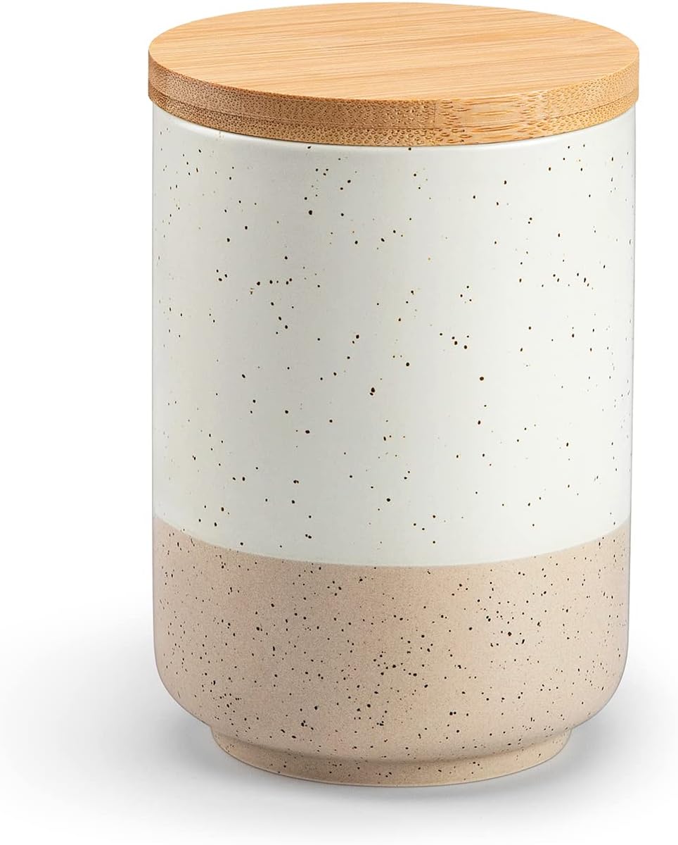 vancasso Sabine Small Ceramic Canister with Airtight Wood Lid - 18 oz Kitchen Storage for Coffee, Sugar, Tea & Spices - Compact Countertop Jar