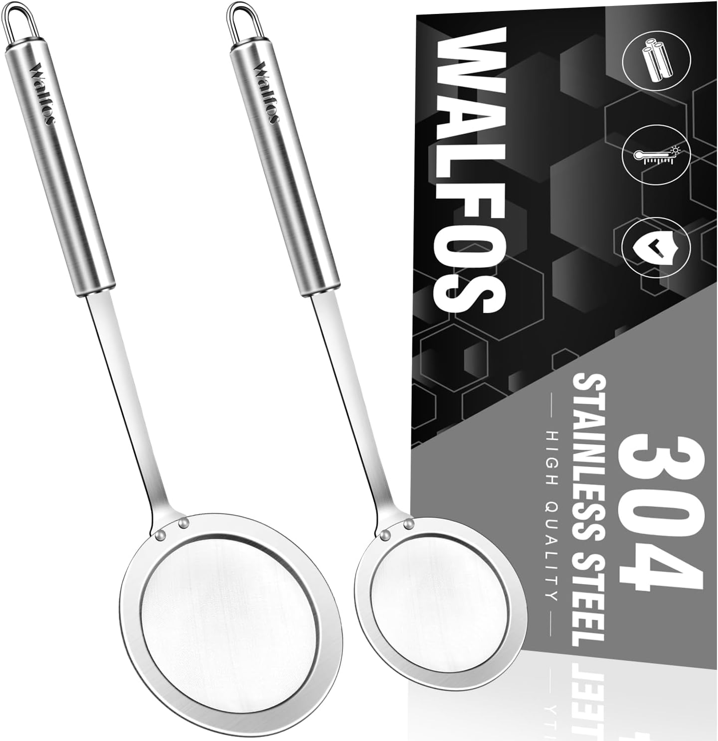 Walfos Fat Skimmer Spoon, 304 Stainless Steel Fat skimmer For Cooking, Fine Mesh Strainer, Food Strainer Fit For Separation Of The Floating Foam, Fat, Grease - Set of 2 Sise