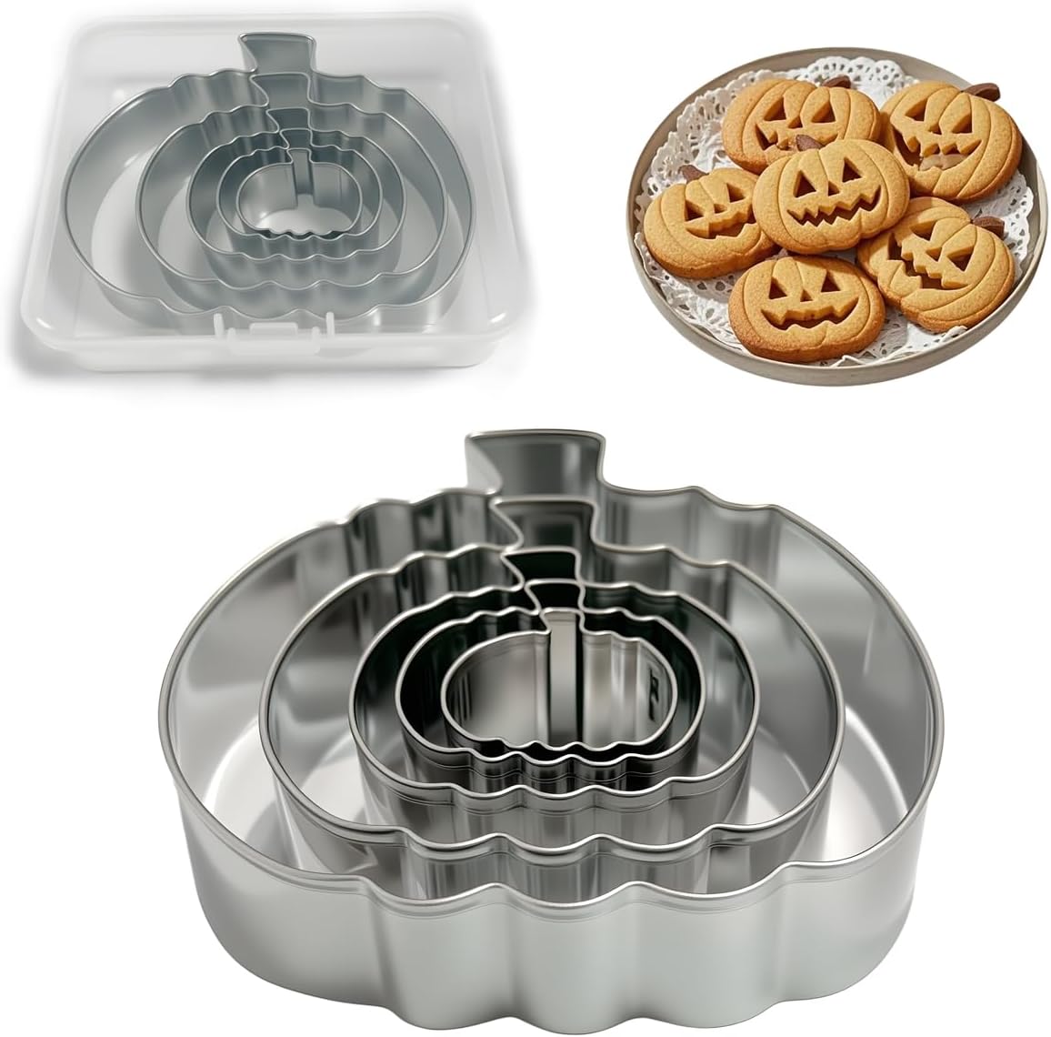 Pumpkin Cookie Cutters Set with Box, 5Pcs Large to Tiny Size - 3.94'', 2.95'', 2.05'',1.57'', 1.18'', Stainless Steel Fondant Biscuit Mold for Halloween Fall Thanksgiving Day Holiday Party Decoration