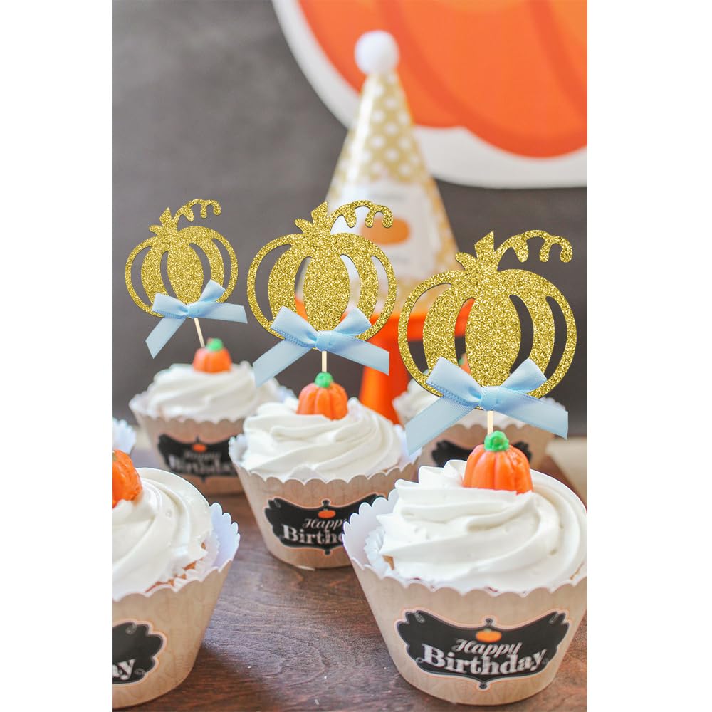 24pcs Pumpkin Cupcake Toppers, Fall Theme Cake Decoration for Baby Shower Party Supplies (Blue Bow)