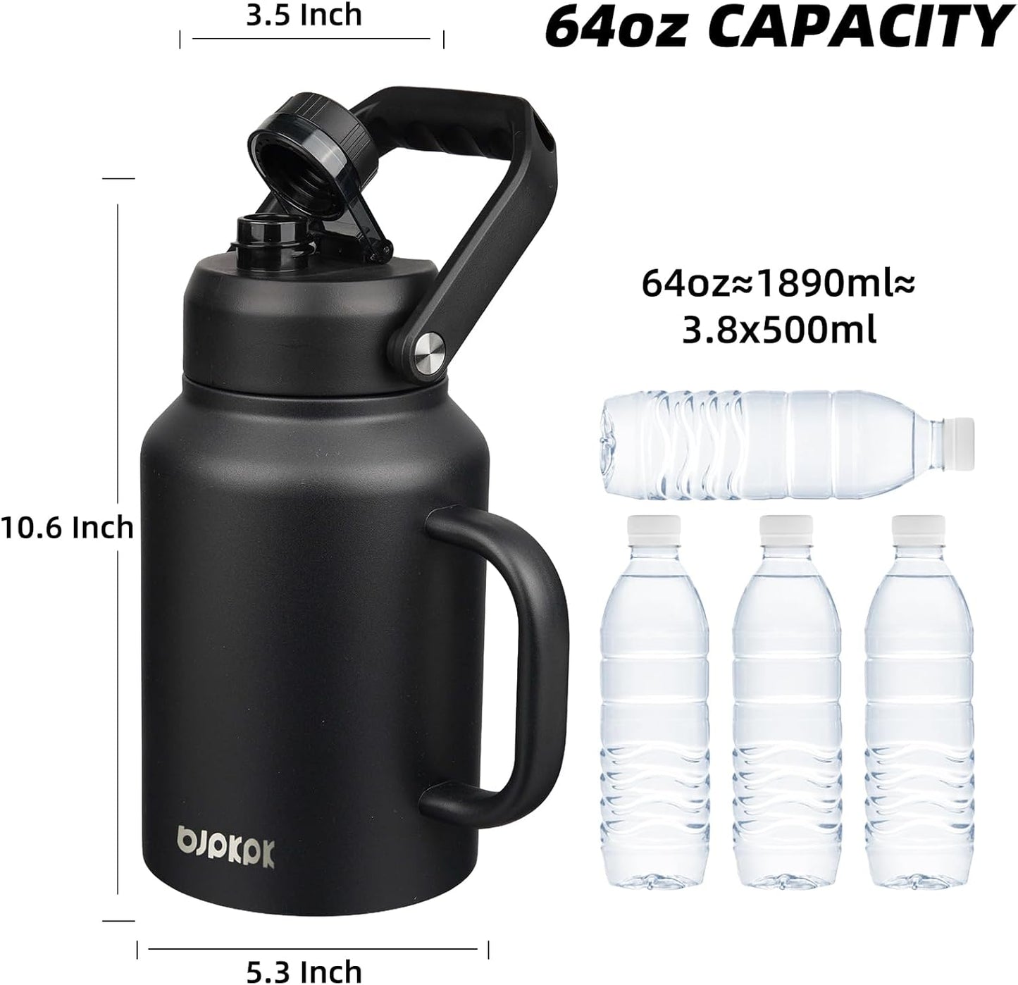 BJPKPK 64oz Insulated Water Bottle with Handle, Large Dishwasher Safe Half Gallon Water Bottle, BPA Free Water Jug, Wide Mouth Metal Water Bottle with Anti-slip Bottom, Keep Cold & Hot, Black