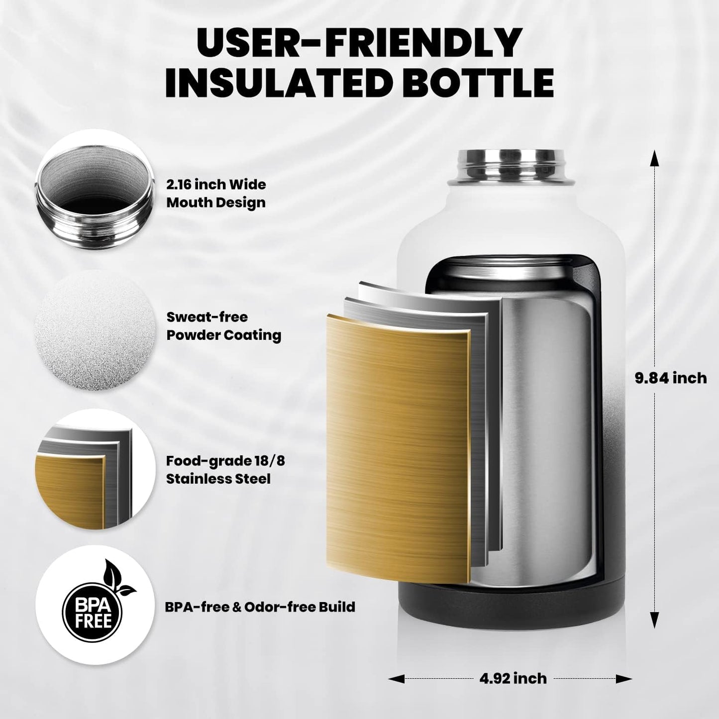 Insulated Water Bottle 64 oz, Triple Wall Vacuum Stainless Steel (Cold for 48 Hrs), Leak Proof & Non-BPA, Half Gallon Water Flask Jug with Paracord Handle & Straw Spout Lids, White/Black