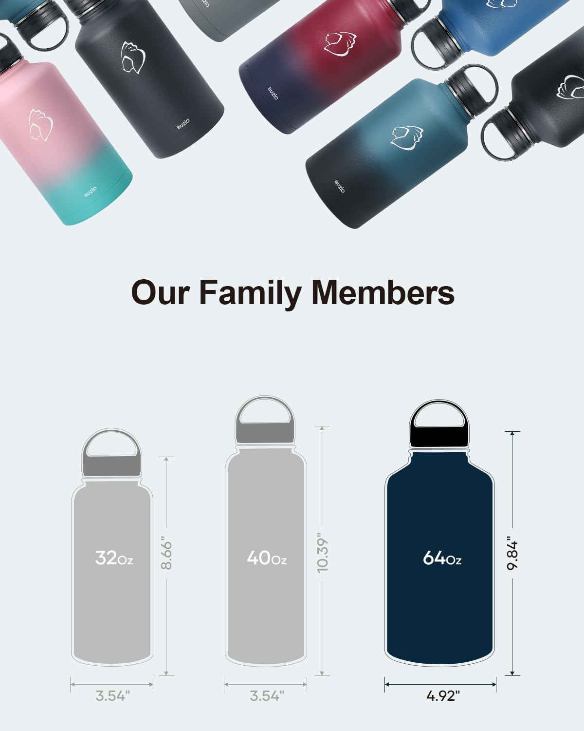 BUZIO 64 oz Water Bottle Insulated with Straw & 3 lid and Carrying Pouch, Leak Proof Half Gallon Stainless Steel Water Flask Jug, Cold for 48 Hrs Double Vacuum Thermo Canteen, BPA-Free, Shadow