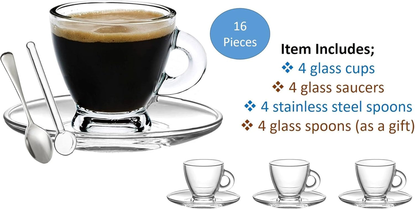 BOHEM'S Espresso Cups, 3.2 oz Small Demitasse Clear Glass Espresso Drinkware, Set Of Cups, Saucers and Stainless Steel mini Spoons + Free Glass Spoons (set of 4)