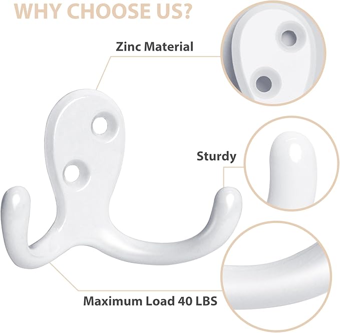 Homanu 24 Pack Coat Hooks, Heavy Duty Double Prong Coat Hooks Wall Mounted - Image 4