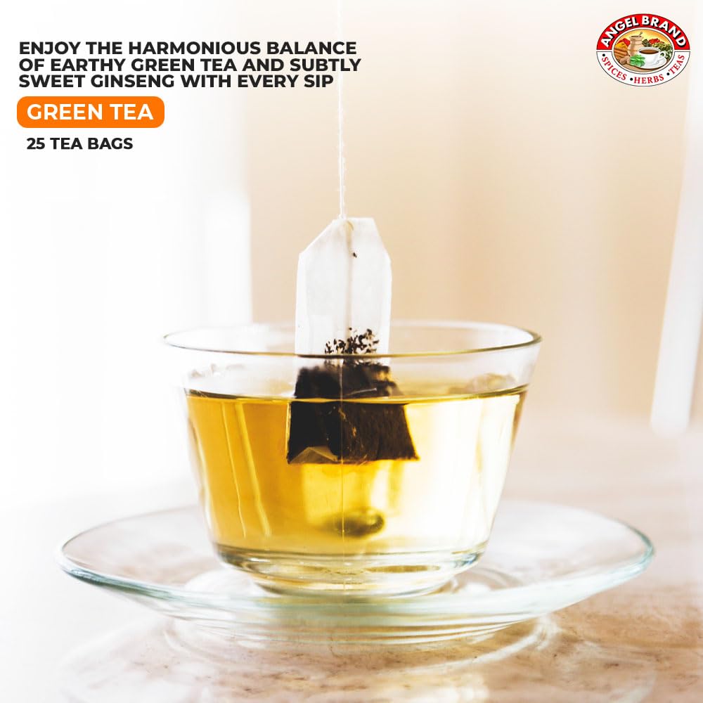 Angel Brand Green Tea with Ginseng Tea Bags 25 – Pack of 3 – Energizing & Antioxidant-Rich Herbal Blend & Ginseng Root - Balanced Flavor & Rich Nutrients With Health Benefits