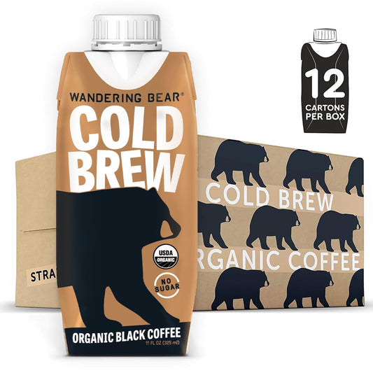 Wandering Bear Straight Black Organic Cold Brew Coffee On-the-Go, 11 fl oz, 12 pack - Extra Strong, Bold, Smooth, Unsweetened, Shelf-Stable, Ready to Drink, 100% Organic Iced Cold Brewed Coffee Drinks