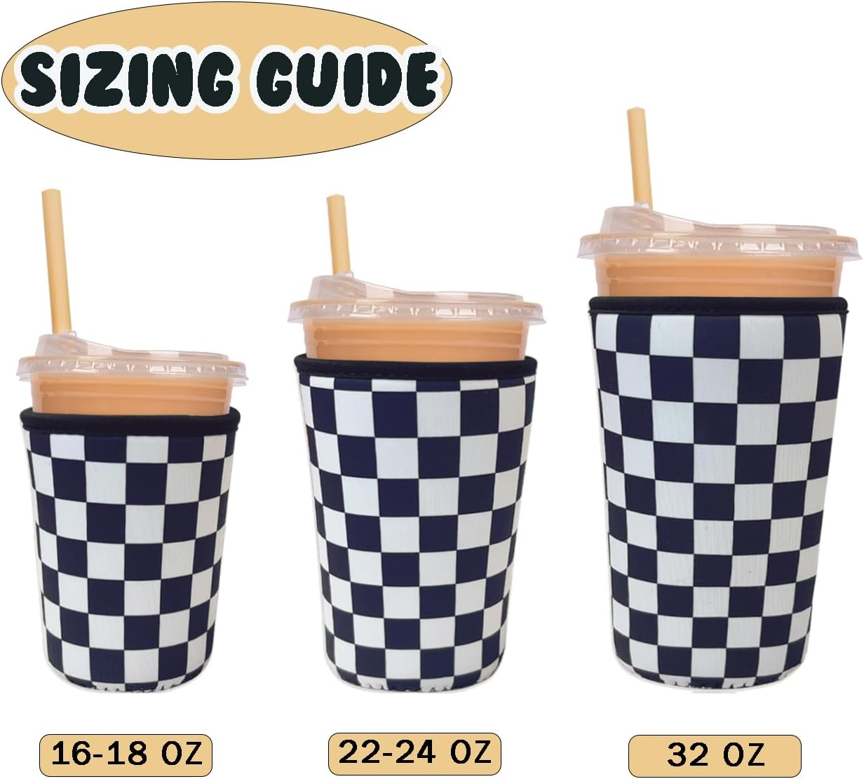 Reusable Insulated Neoprene Iced Coffee Cup Sleeve, Durable Drink Sleeve for Cold Beverages, Beverage Holder for Iced Coffee, Checker Grid