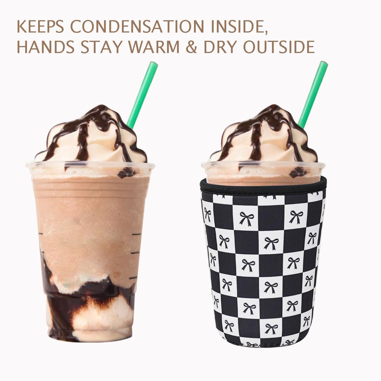 Reusable Insulated Neoprene Iced Coffee Cup Sleeve, Durable Drink Sleeve for Cold Beverages, Beverage Holder for Iced Coffee, Black Checkered Bows