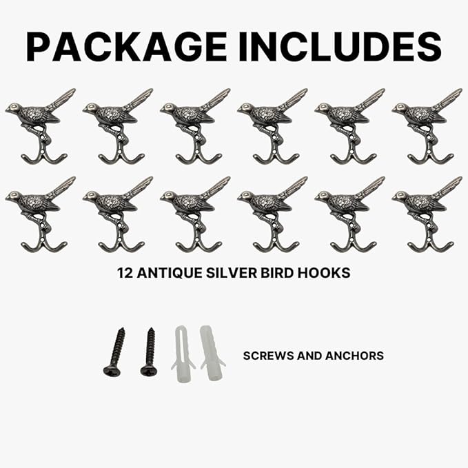 12 pcs Antique Silver Bird Decorative Wall Hooks - Image 4