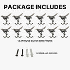 12 pcs Antique Silver Bird Decorative Wall Hooks - Image 4