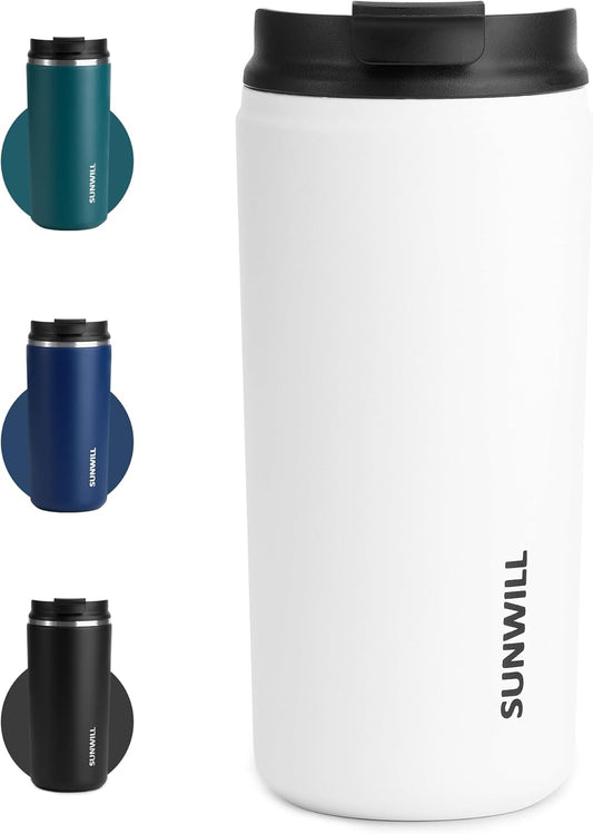 SUNWILL Insulated Coffee Mug with Lid, Leak Proof Tumbler Stainless Steel, 12 oz Travel Cup for Office, Home, Powder Coated White