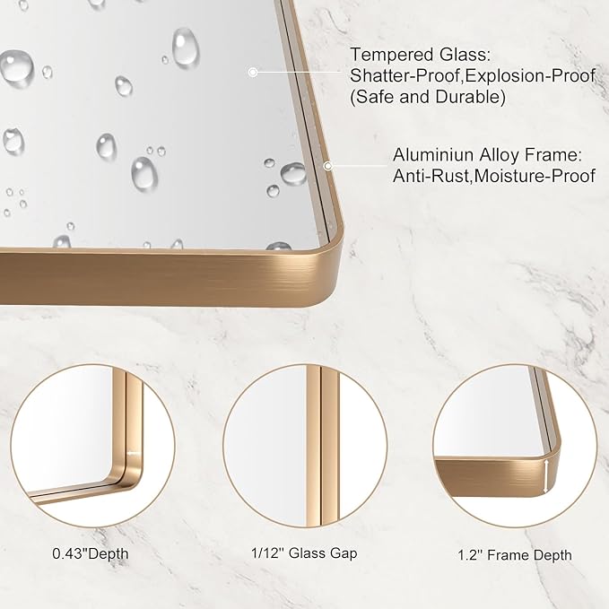 LOAAO 48”X36” Gold Bathroom Mirror, Rounded Rectangle Gold Frame Mirror - Image 5