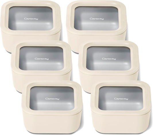 Caraway 6pc Glass Food Storage Set – 4.4 Cup Food Containers (6) - Ceramic Coated - Non Toxic, Non Stick with Lids - Microwave Safe - Cream