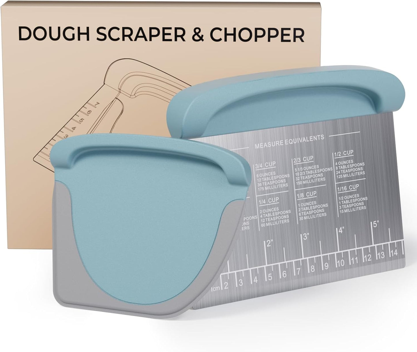 2 IN 1 Upgrade Bench Scraper, Dough Scraper for Pastry Bread Cake Pizza, Stainless Steel Dough Cutter with Conversion Chart & Measuring Scale, Bowl Scraper Food Scraper for Kitchen Baking, Blue