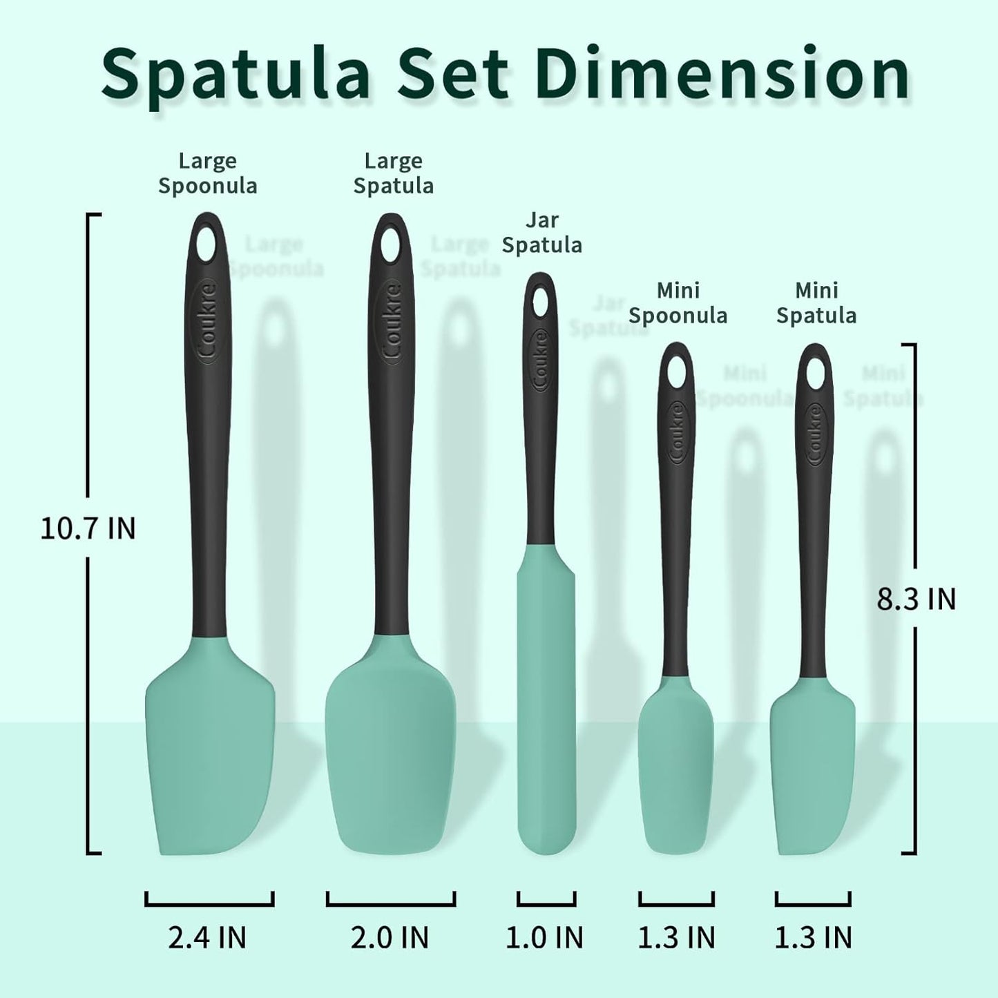 Coukre Silicone Spatula Set of 5,High Temperature Resistant, Food Grade Silicone, Dishwasher Safe, for Baking, Cooking (Aqua Green Black, Split-type)