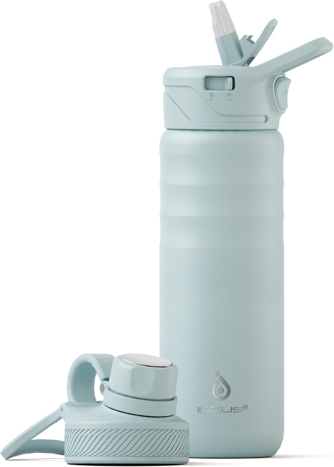 IDEUS Insulated Stainless Steel Water Bottle with 2 Leak-Proof Lids, Thermal Water Flask for Hiking Biking, 24oz, Light Blue