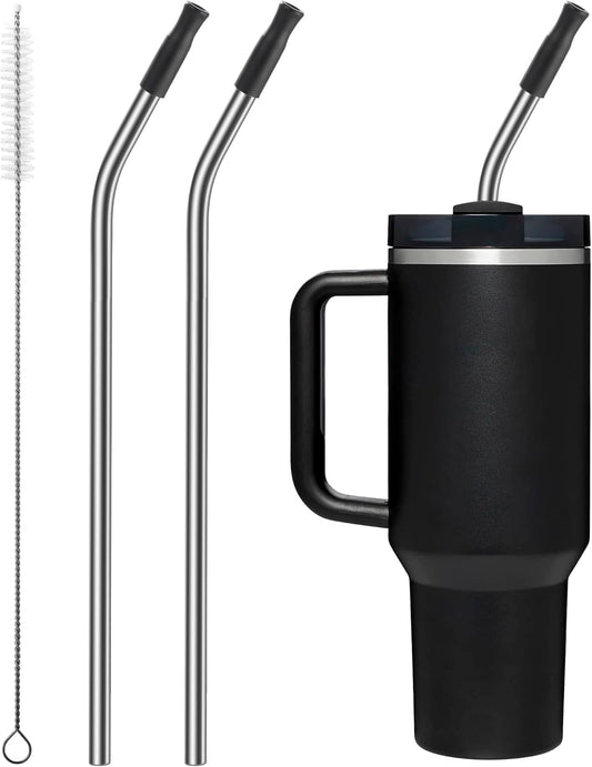 Repeatable Metal Straw with Silicone Tips for 30 oz Stanley Tumbler, 2 Pcs 30 oz Stainless Steel Straws Replacement for Stanley Tumbler, 1 Straw Brush, BPA Free（Black）