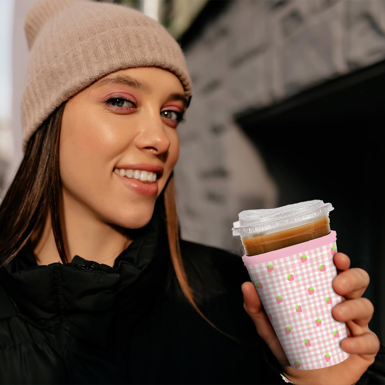 Reusable 3-Pack Iced Coffee Cup Sleeve, Insulated Neoprene, Beverage Holder for Iced Coffee, Durable Drink Sleeve for Cold Beverages, Strawberry Grid