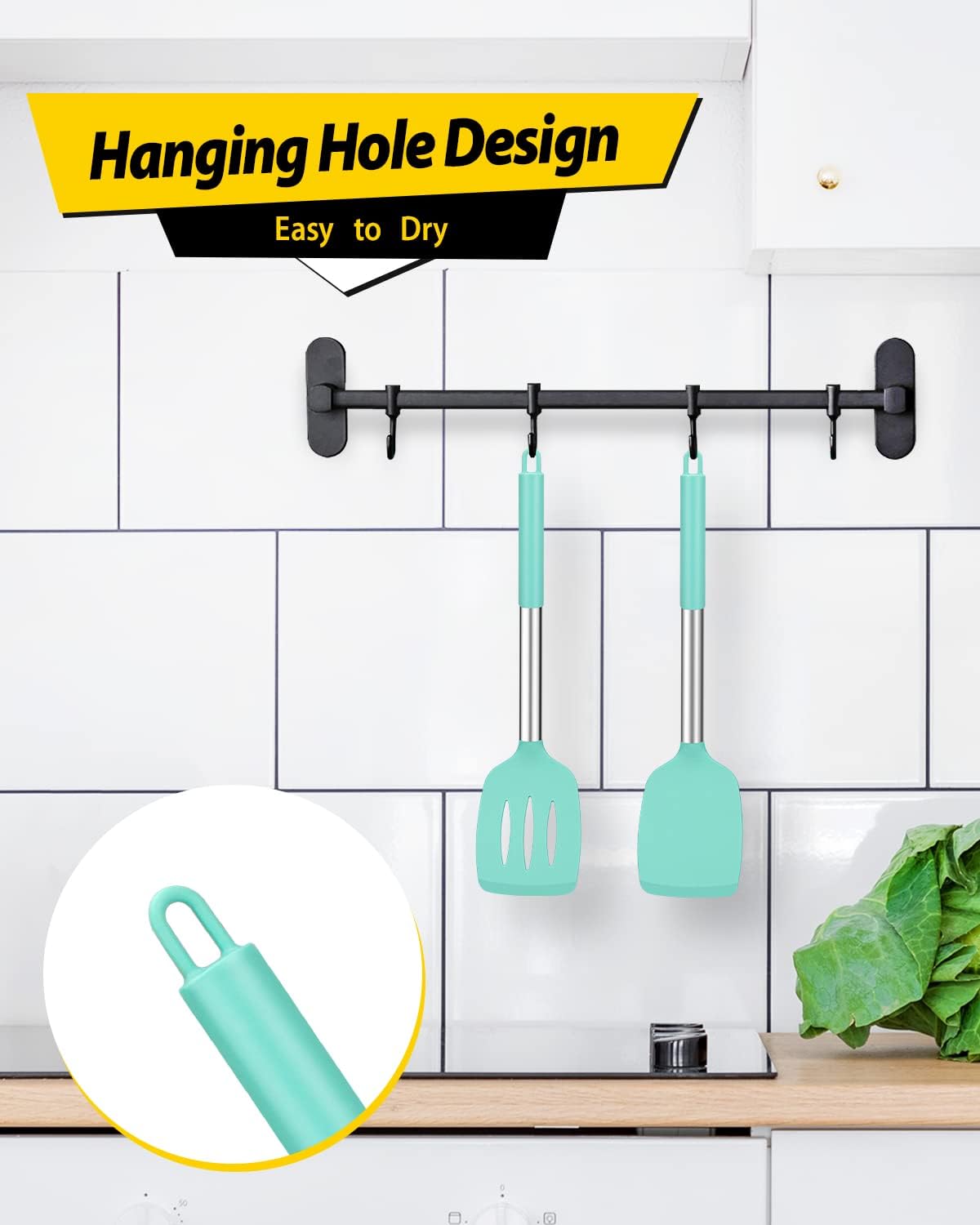 Pack of 2 Silicone Solid Turner, Non Stick Slotted Kitchen Spatulas, High Heat Resistant BPA Free Cooking Utensils, Ideal Cookware for Fish, Eggs, Pancakes(Green)