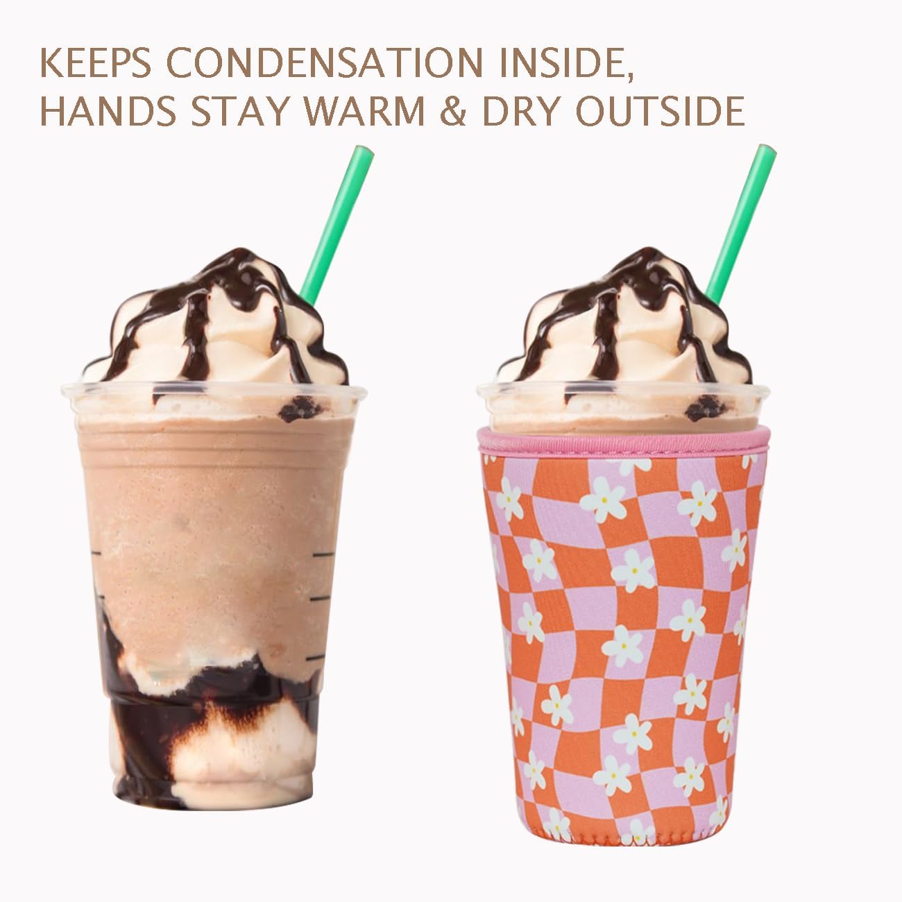 Reusable Insulated Neoprene Iced Coffee Cup Sleeve, Durable Drink Sleeve for Cold Beverages, Beverage Holder for Iced Coffee, Daisy Grid