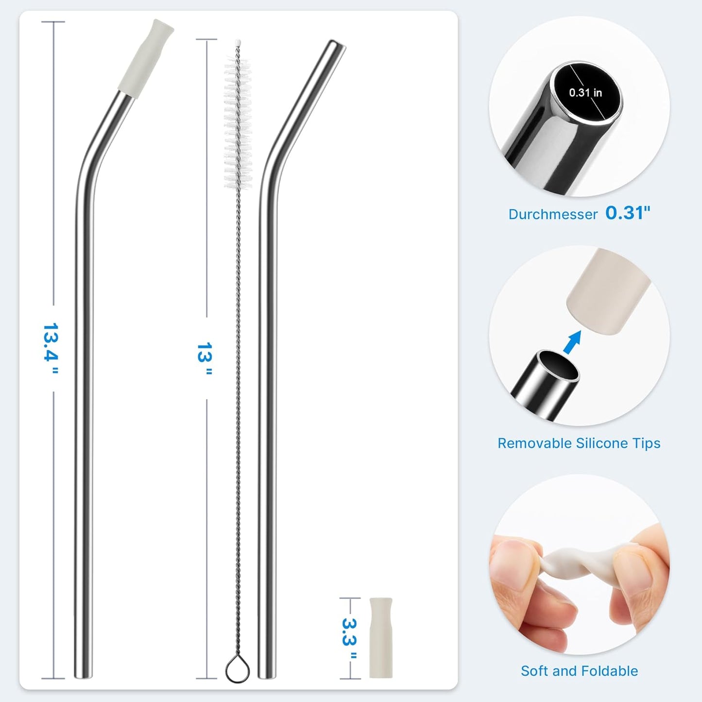 Repeatable Metal Straw with Silicone Tips for 40 oz Stanley Tumbler, 2 Pcs 40 oz Stainless Steel Straws Replacement for Stanley Tumbler, 1 Straw Brush, BPA Free（Cream Grey）